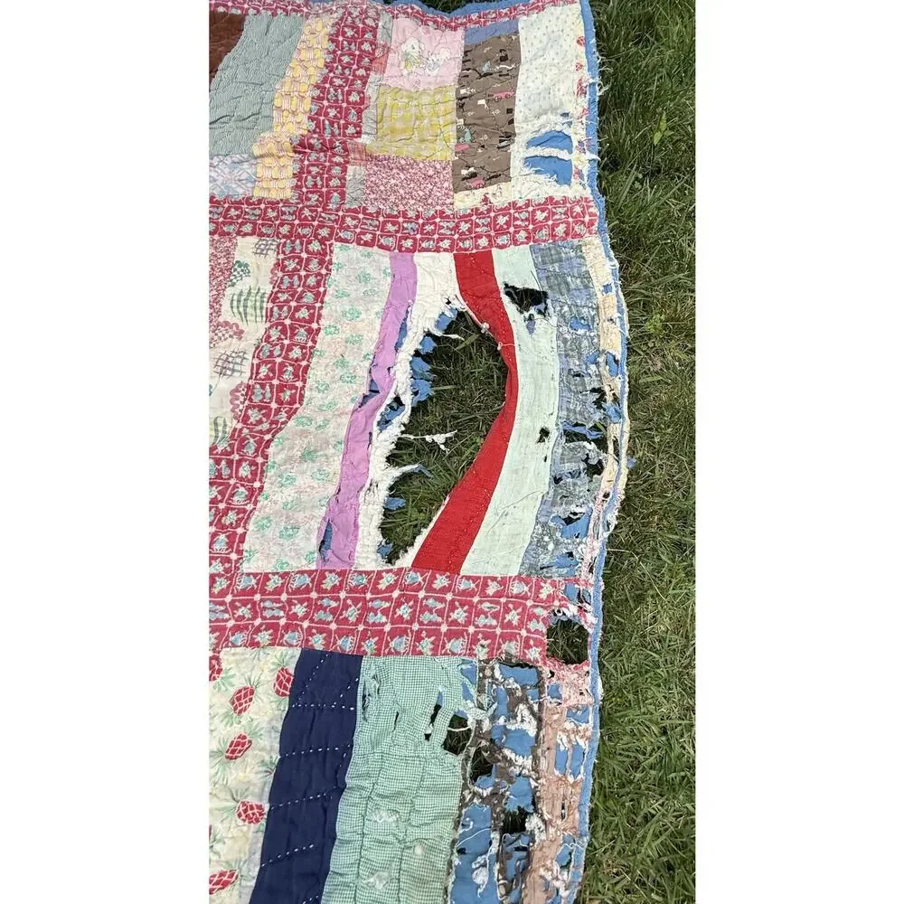 Antique Vtg 1920’s CRAZY QUILT Multi-Color Feed Sack Cowboys 78” **Needs Repair